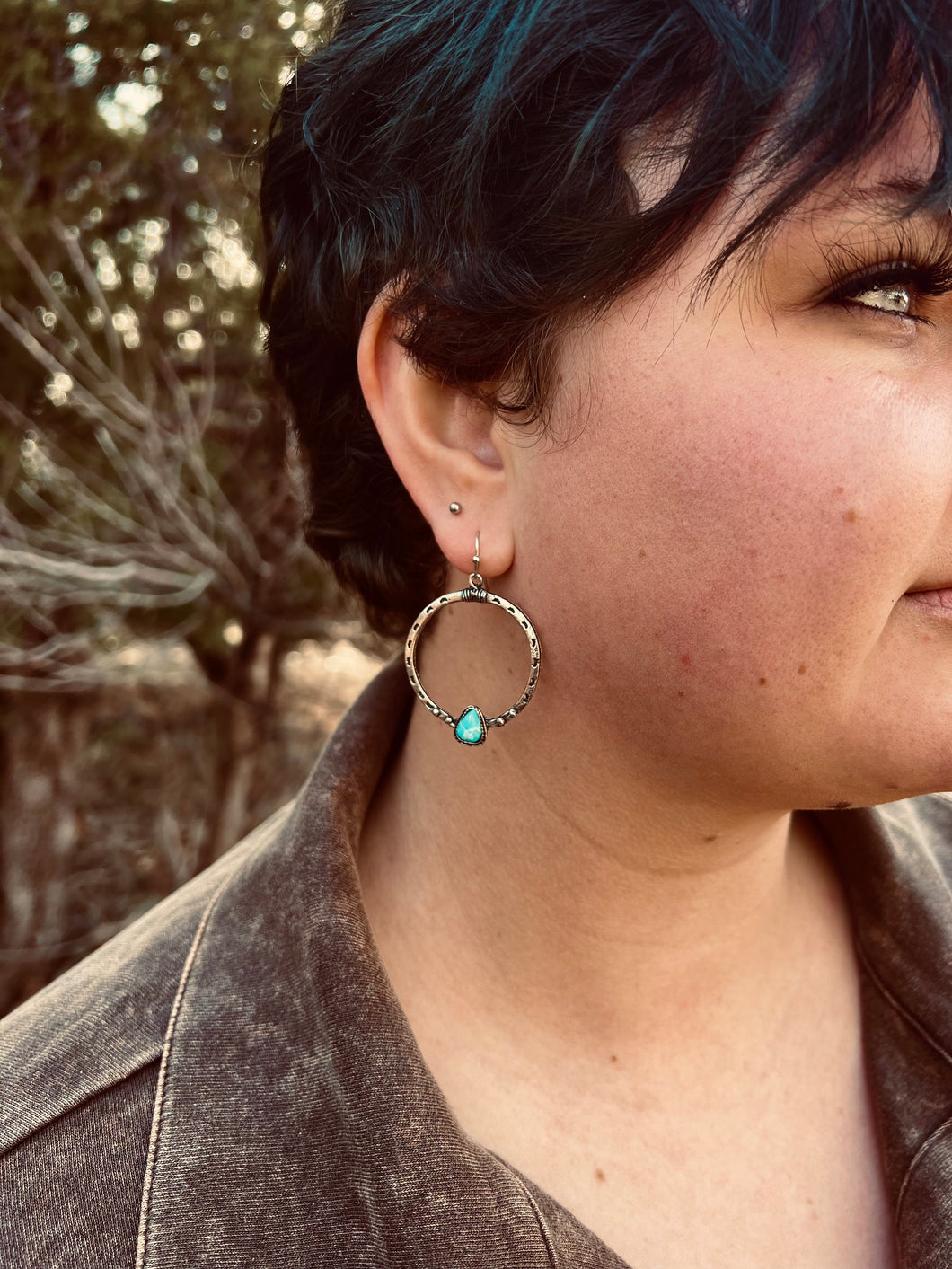 Silver Stamped Turquoise Hoops