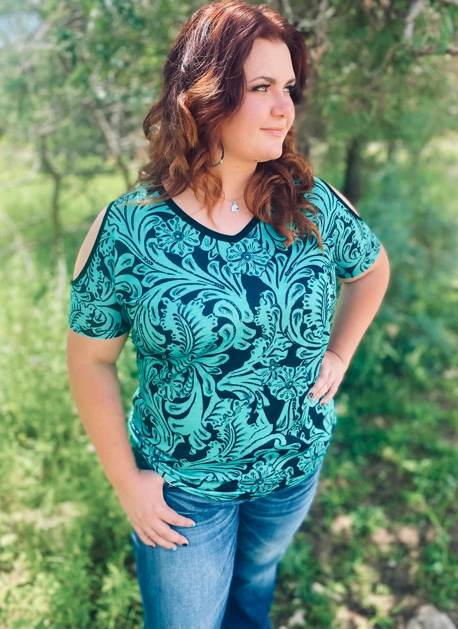 Tooled Turquoise Cold Shoulder Top